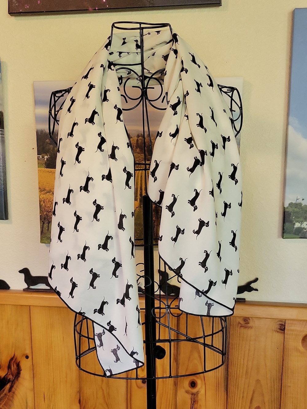 Source Unknown White Scarf with Black Dachshund Print